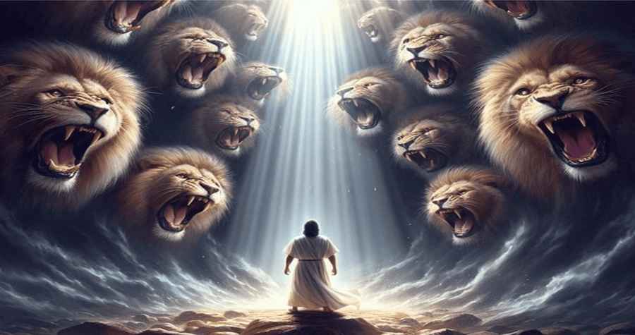 Seja Diferente -Devocional. Daniel na cova dos leões, cercado por leões famintos, mas protegido pela presença de Deus.