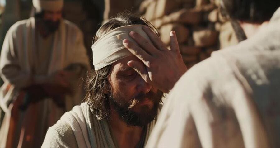 Versículos de cura e milagres. Jesus curando um cego, simbolizando fé, milagres e restauração divina.