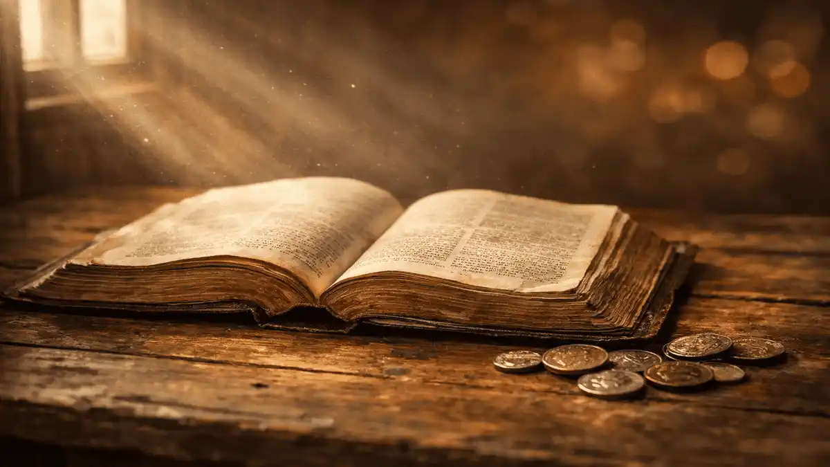 Bíblia aberta com moedas antigas sobre mesa de madeira — o que o Novo Testamento ensina sobre dízimo e generosidade cristã