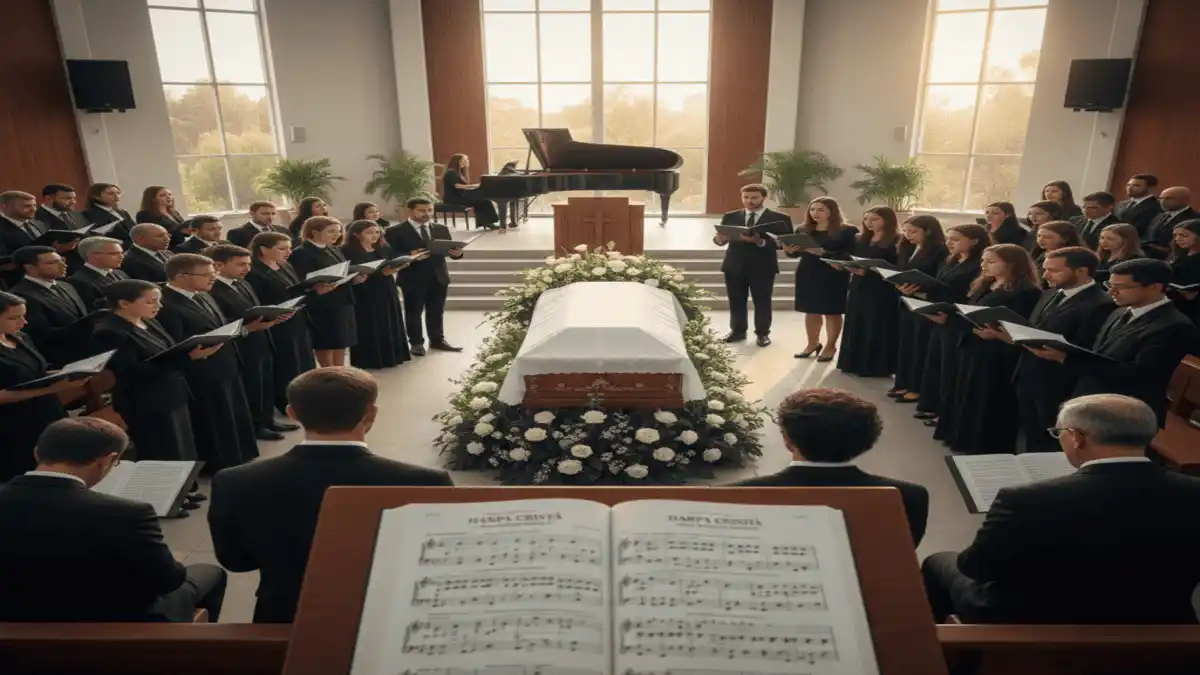 Hinos da Harpa para Velório: Louvores de Consolo e Esperança. Uma imagem ampla e horizontal de um culto fúnebre em uma igreja evangélica de arquitetura moderna e clean. Em primeiro plano, uma Harpa Cristã aberta em um púlpito de madeira, mostrando as partituras dos hinos. Ao fundo, um grupo de pessoas vestidas com sobriedade canta em coro com reverência. O ambiente é iluminado por uma luz suave que entra por grandes janelas, transmitindo uma sensação de paz, serenidade e esperança cristã. Não há imagens religiosas ou flores em excesso, focando na solenidade do louvor.