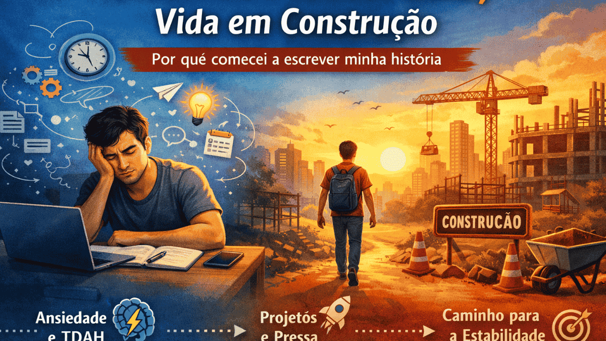 Imagem ilustrativa criada por inteligência artificial para o artigo Mente Acelerada, Vida em Construção, mostrando um homem com pensamentos acelerados de um lado e, do outro, um caminho em obras simbolizando mudança, ansiedade, TDAH, projetos e busca por estabilidade.