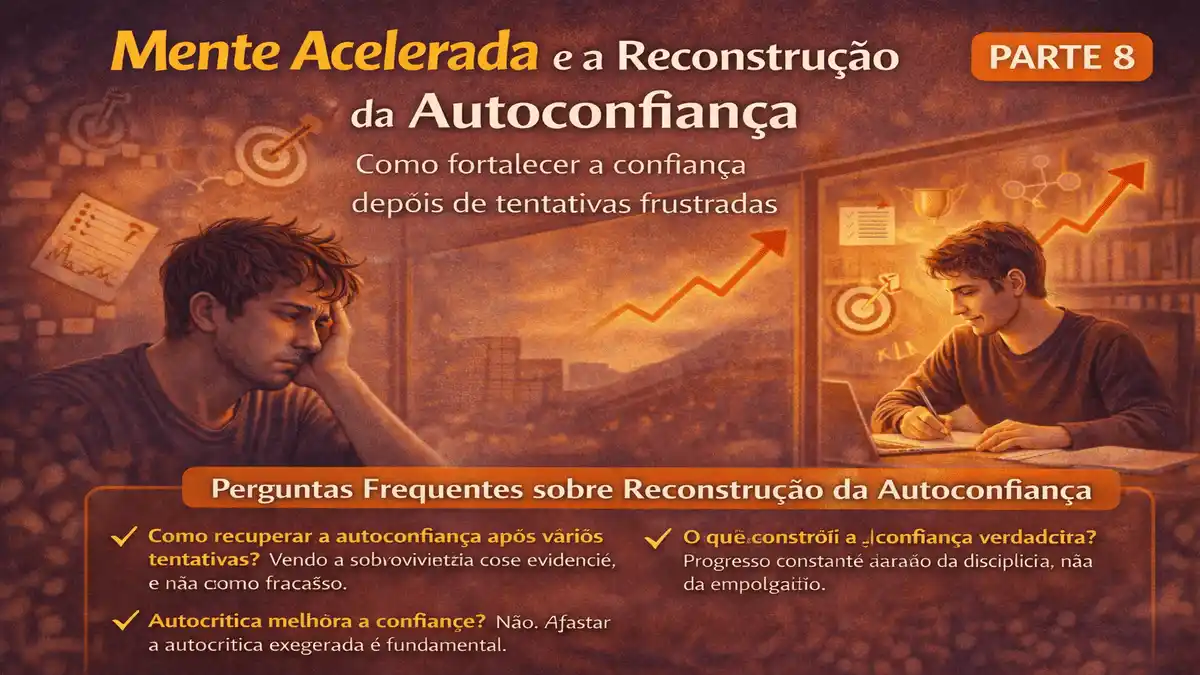 Mente Acelerada e a Reconstrução da Autoconfiança – imagem ilustrativa gerada por inteligência artificial representando frustrações, ansiedade, autocrítica, disciplina mental, foco nos estudos e fortalecimento da confiança após tentativas frustradas