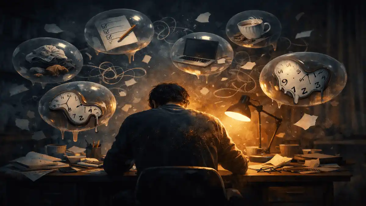 Ilustração criada por inteligência artificial representando o peso invisível do TDAH em adultos — figura solitária em ambiente introspectivo simbolizando ansiedade, cansaço mental e TDAH mascarado