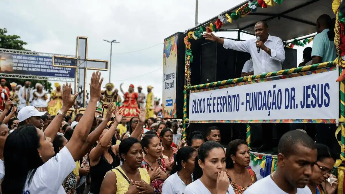 Fotografia realista representando o tema: Sargento Isidório e o “Bloco Gospel”: Estratégia de Evangelismo ou Concessão ao Carnaval? A imagem exibe um trio elétrico com o banner "Bloco Fé e Espírito - Fundação Dr. Jesus", apresentando um líder religioso ao microfone diante de uma multidão em adoração. Aviso: Esta imagem foi gerada por inteligência artificial para fins ilustrativos.