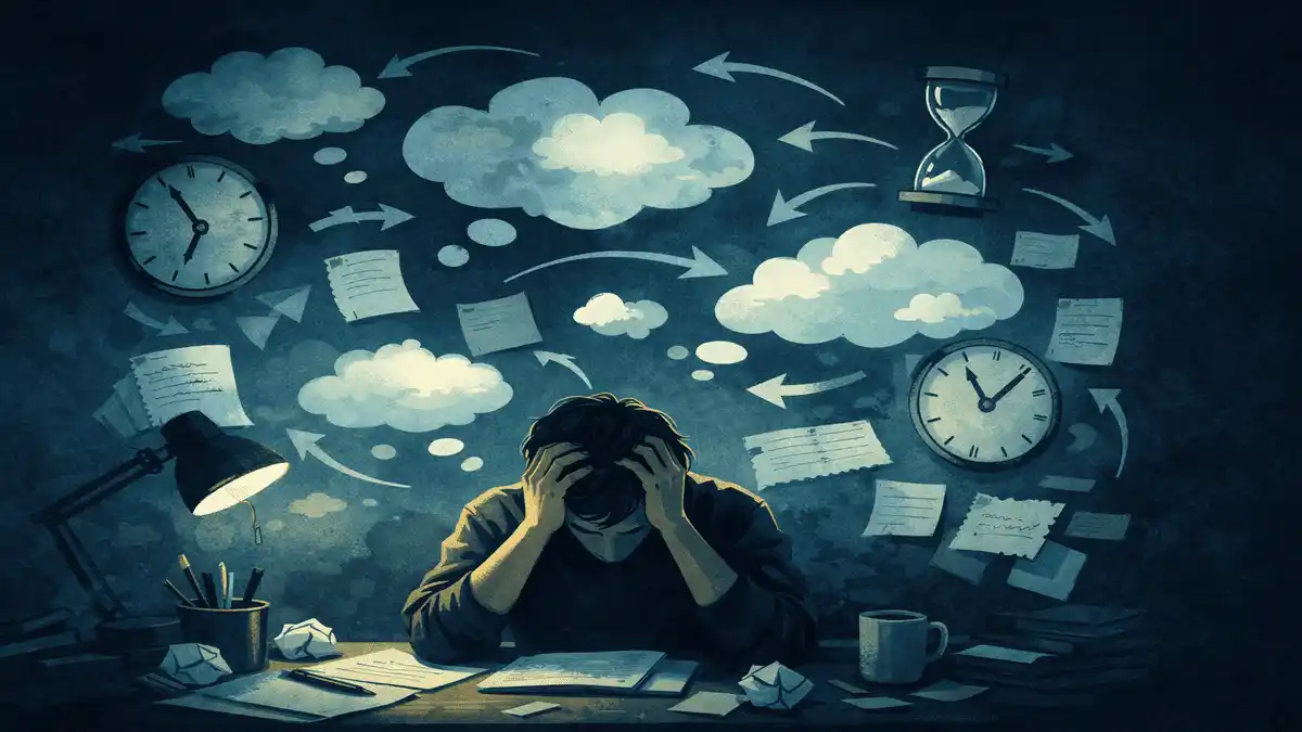 Pessoa adulta com expressão pensativa rodeada de pensamentos acelerados, representando os sintomas de TDAH e transtorno de ansiedade generalizada em adultos